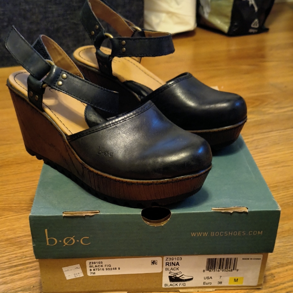 b.o.c. Black Leather Platform Clogs